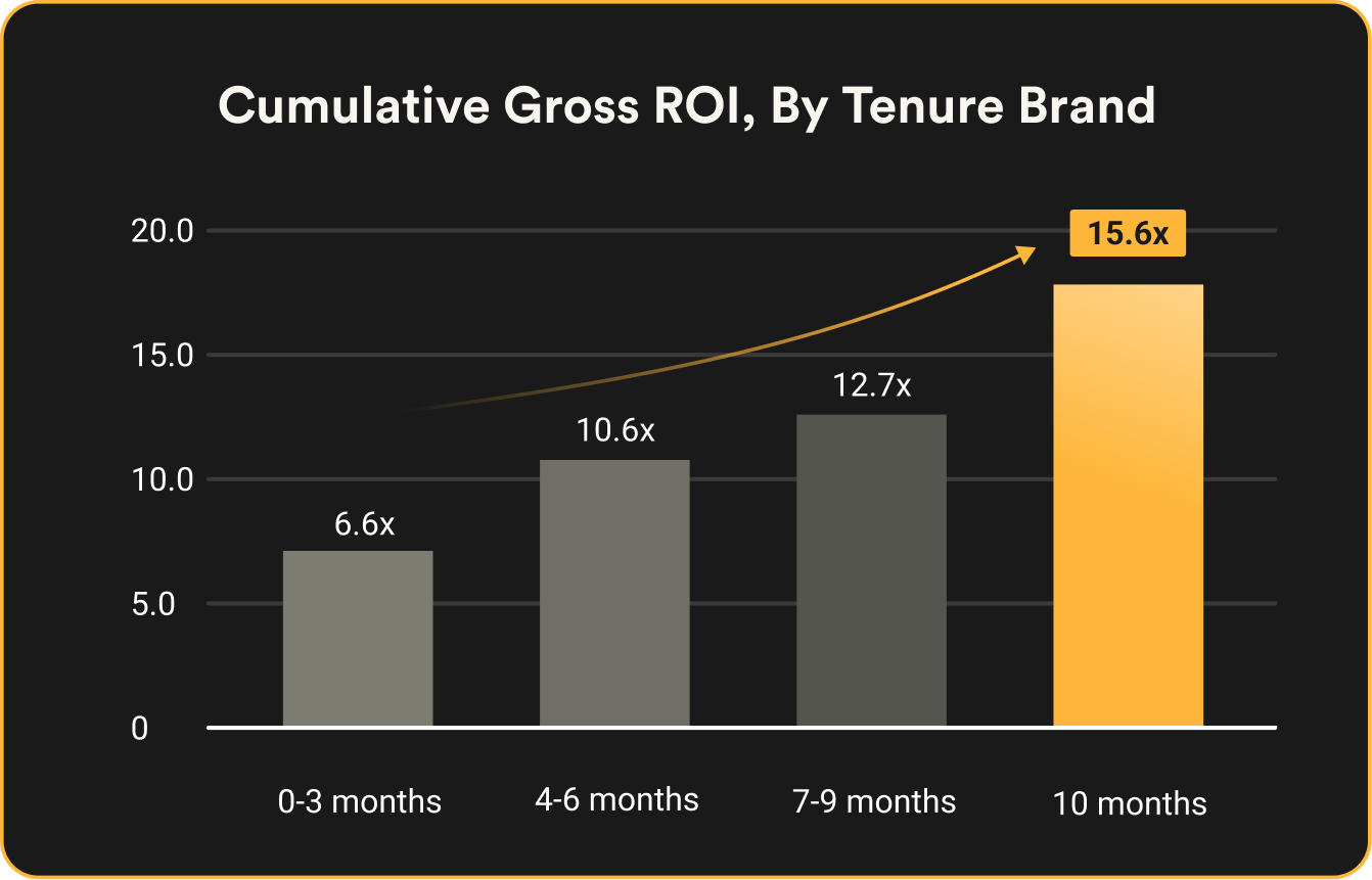 cumalative gross roi on customer marketing by tenure band
