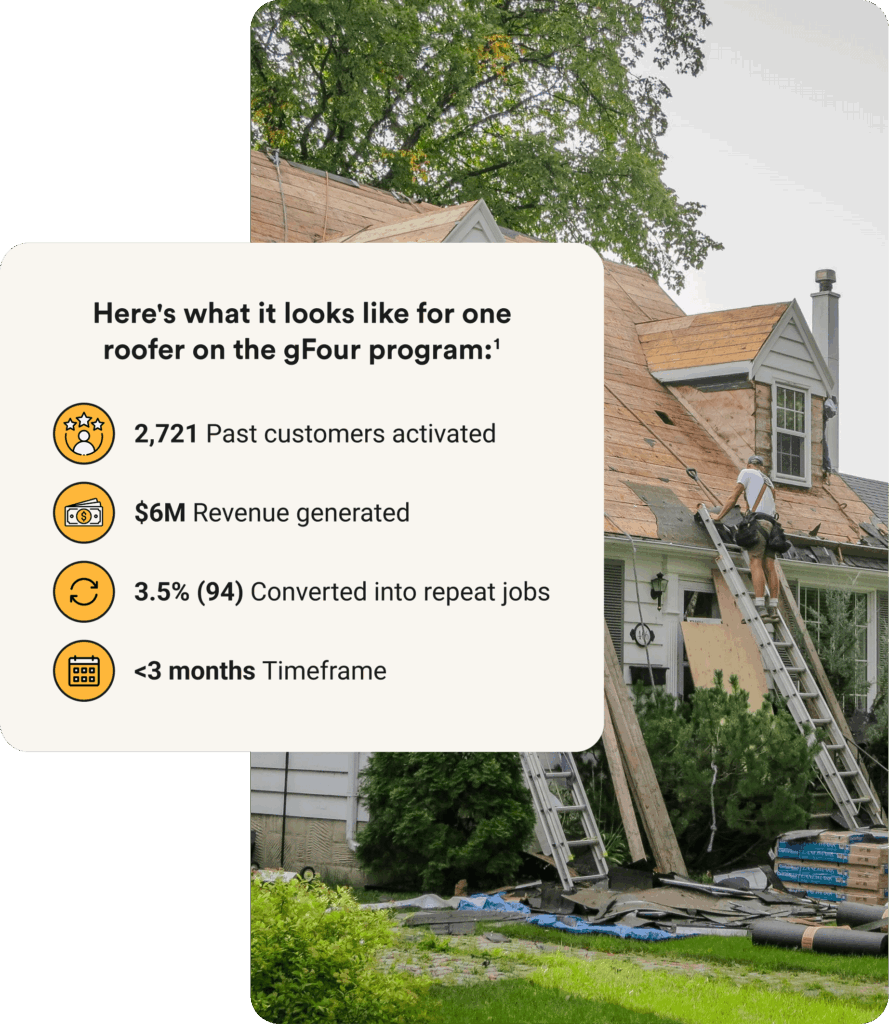A photo of a roofer replacing a roof with a chart of results from gFour marketing clients.